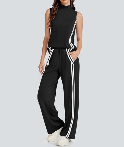 طقم مكون من قطعتين للنساء ملابس صيفية برقبة وهمية وبنطلون بأرجل واسعة وخطوط ملابس رياضية غير رسمية in Kuwait