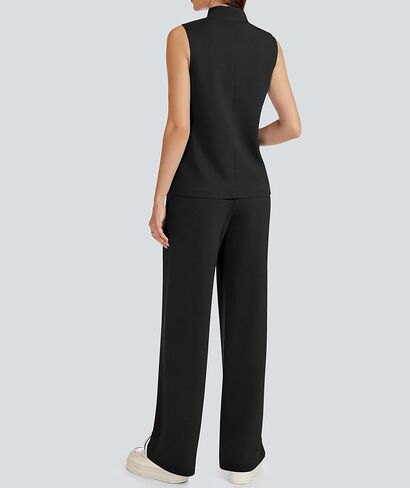 طقم مكون من قطعتين للنساء ملابس صيفية برقبة وهمية وبنطلون بأرجل واسعة وخطوط ملابس رياضية غير رسمية in Kuwait