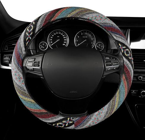 GXT 15 inch New Baja Blanket Car Steering Wheel Cover Universal Fit Most Cars Automotive Ethnic Style Coarse Flax Cloth (Black White) in Kuwait