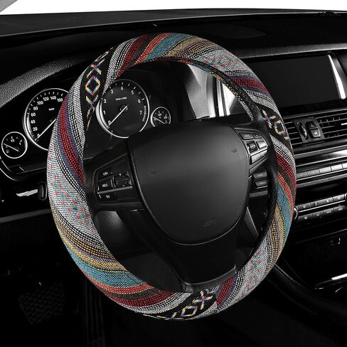GXT 15 inch New Baja Blanket Car Steering Wheel Cover Universal Fit Most Cars Automotive Ethnic Style Coarse Flax Cloth (Black White) in Kuwait