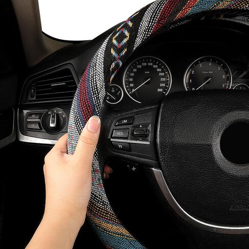 GXT 15 inch New Baja Blanket Car Steering Wheel Cover Universal Fit Most Cars Automotive Ethnic Style Coarse Flax Cloth (Black White) in Kuwait