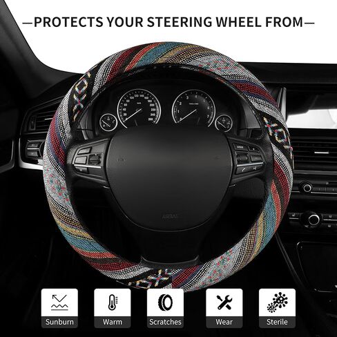 GXT 15 inch New Baja Blanket Car Steering Wheel Cover Universal Fit Most Cars Automotive Ethnic Style Coarse Flax Cloth (Black White) in Kuwait