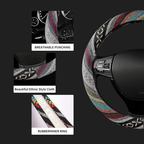 GXT 15 inch New Baja Blanket Car Steering Wheel Cover Universal Fit Most Cars Automotive Ethnic Style Coarse Flax Cloth (Black White) in Kuwait
