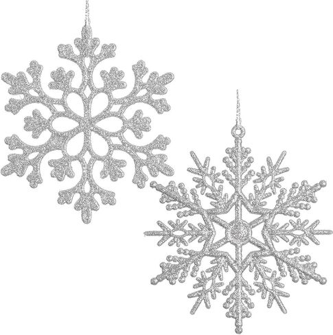 DearHouse 36Pcs Christmas Glitter Snowflake Ornaments Clearance, 4 Inch Plastic Snowflake Christmas Tree Ornaments for Winter Wonderland Christmas Party Decorations, Silver in Kuwait