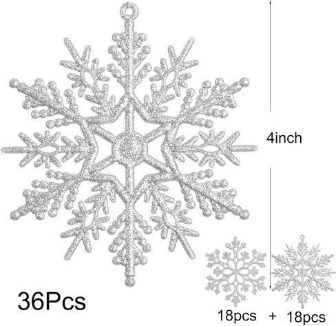 DearHouse 36Pcs Christmas Glitter Snowflake Ornaments Clearance, 4 Inch Plastic Snowflake Christmas Tree Ornaments for Winter Wonderland Christmas Party Decorations, Silver in Kuwait