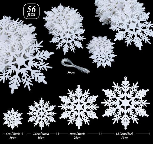 56pcs Christmas White Snowflakes Ornaments, Plastic Glitter Snowflake Christmas Snowflake Hanging Ornaments Pendants for Window Door Winter Decoration, Assorted Sizes 2,3,4,5 Inches(White) in Saudi Arabia