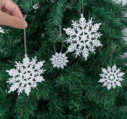 56pcs Christmas White Snowflakes Ornaments, Plastic Glitter Snowflake Christmas Snowflake Hanging Ornaments Pendants for Window Door Winter Decoration, Assorted Sizes 2,3,4,5 Inches(White) in Saudi Arabia