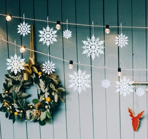 56pcs Christmas White Snowflakes Ornaments, Plastic Glitter Snowflake Christmas Snowflake Hanging Ornaments Pendants for Window Door Winter Decoration, Assorted Sizes 2,3,4,5 Inches(White) in Saudi Arabia