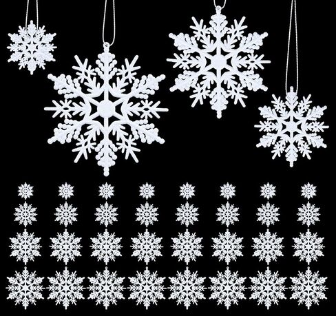 56pcs Christmas White Snowflakes Ornaments, Plastic Glitter Snowflake Christmas Snowflake Hanging Ornaments Pendants for Window Door Winter Decoration, Assorted Sizes 2,3,4,5 Inches(White) in Saudi Arabia