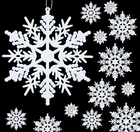 56pcs Christmas White Snowflakes Ornaments, Plastic Glitter Snowflake Christmas Snowflake Hanging Ornaments Pendants for Window Door Winter Decoration, Assorted Sizes 2,3,4,5 Inches(White) in Saudi Arabia
