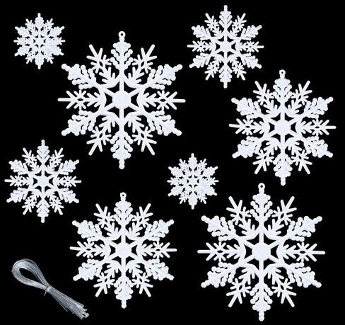 56pcs Christmas White Snowflakes Ornaments, Plastic Glitter Snowflake Christmas Snowflake Hanging Ornaments Pendants for Window Door Winter Decoration, Assorted Sizes 2,3,4,5 Inches(White) in Saudi Arabia
