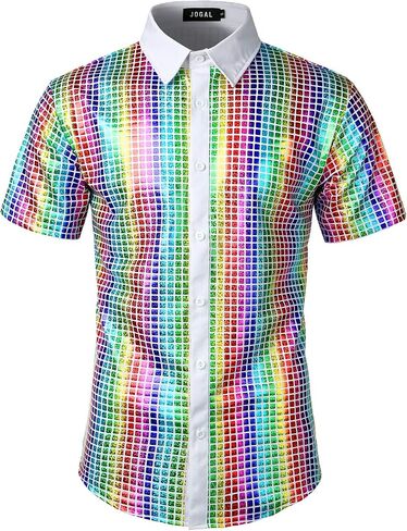 JOGAL Men's 70s Costume Rainbow Sequins Disco Party Dress Short Sleeve Button Down Shirts in Saudi Arabia