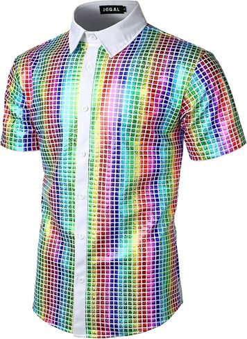 JOGAL Men's 70s Costume Rainbow Sequins Disco Party Dress Short Sleeve Button Down Shirts in Saudi Arabia