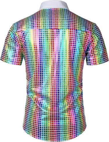 JOGAL Men's 70s Costume Rainbow Sequins Disco Party Dress Short Sleeve Button Down Shirts in Saudi Arabia