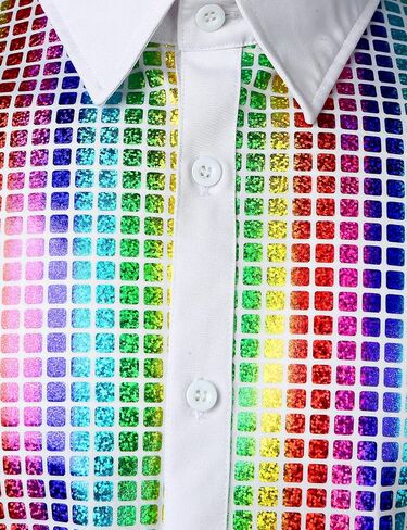 JOGAL Men's 70s Costume Rainbow Sequins Disco Party Dress Short Sleeve Button Down Shirts in Saudi Arabia