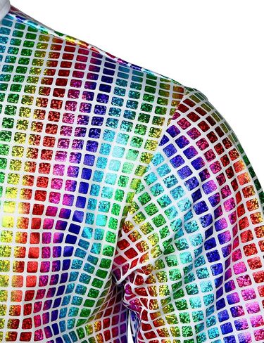 JOGAL Men's 70s Costume Rainbow Sequins Disco Party Dress Short Sleeve Button Down Shirts in Saudi Arabia