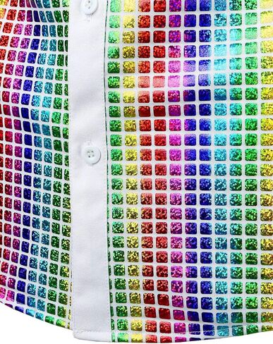 JOGAL Men's 70s Costume Rainbow Sequins Disco Party Dress Short Sleeve Button Down Shirts in Saudi Arabia