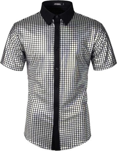 JOGAL Men's 70s Costume Rainbow Sequins Disco Party Dress Short Sleeve Button Down Shirts in Saudi Arabia