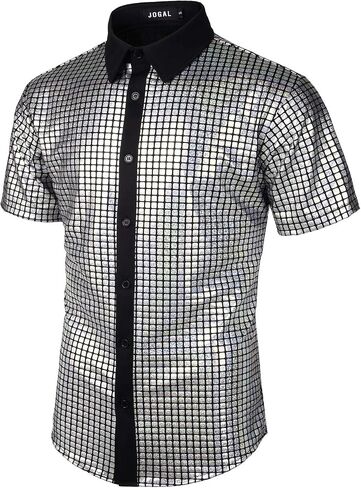 JOGAL Men's 70s Costume Rainbow Sequins Disco Party Dress Short Sleeve Button Down Shirts in Saudi Arabia