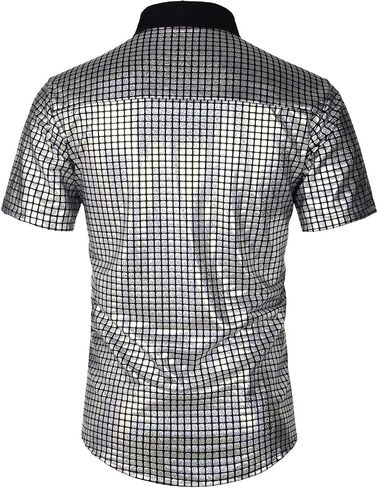 JOGAL Men's 70s Costume Rainbow Sequins Disco Party Dress Short Sleeve Button Down Shirts in Saudi Arabia
