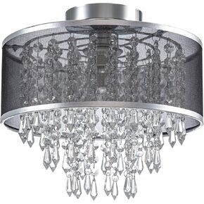 Crystal Chandelier for Bedroom Crytal Semi Flush Mount Ceiling Light Fixture with Cloth Shade Crystal Chandeliers for Dining Living Room Closet (White Cover+Crystal)