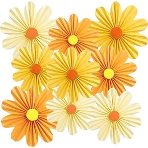 SUNBEAUTY 9 PCS Pink and Orange Party Decorations Pink Party Decorations Paper Fans Party Decorations Sunset Party Decorations Flower Party Decorations Paper Flowers Decorations for Wall
