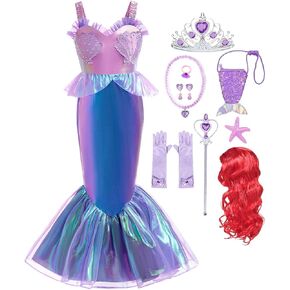 Litttle Mermaid Costume Girls Princess Ariel Dress Up Purple Outfit with Wig for Birthday Halloween Cosplay Party
