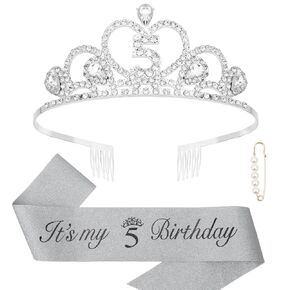CIEHER 5th Birthday Crown + It's My 5th Birthday Sash + Pearl Pin Set, 5th Birthday Decorations Girl 5th Birthday Gifts for Girls Happy 5th Birthday Party - Pink