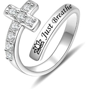 Just Breathe Ring with Cross - 925 Sterling Silver Inspirational Jewelry Adjustable Cross Ring Encouragement Gift for Women