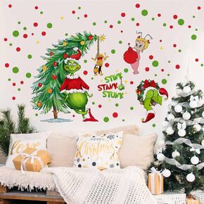 Christmas Wall Decals Stickers Self-Adhesive Christmas Wall Stickers Winter Holiday Xmas Wall Decals Cute Christmas Trees Green Monster Designs for Christmas Party Home Supplies Home Wall Decorations