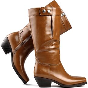 Mid Calf Boots for Women Square Toe Western Cowboy Boots Low Heel Biker Boots