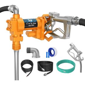Handor 12V 20 GPM Fuel Transfer Pump with Discharge Hose & Manual Nozzle for Oil Fuel Diesel Biodiesel Ethanol Methanol Blends Kerosene Gasoline,（yellow）