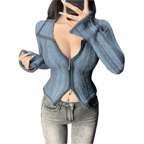 SHENHE Women's Zip Up Cardigan Collared Long Sleeve Fitted Y2k Knit Crop Top Sweater