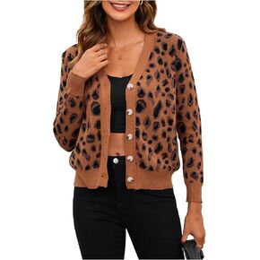 MakeMeChic Women's Leopard Print V Neck Button Down Sweater Cardigan Long Sleeve Knitwear Outerwear