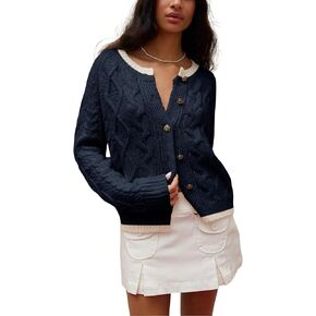 Watashi Women's Long Sleeve Cardigan Sweater Button Closure Knit Round Neck Casual Cardigan