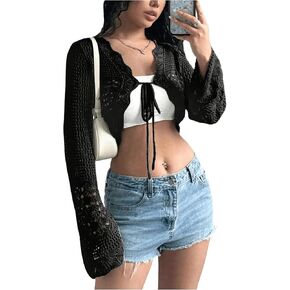 SHENHE Women's Hollow Out Tie Up Bell Sleeve Cropped Cardigan Sheer Crochet Shrug Bolero