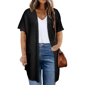 Eytino Womens Plus Size Cardigan Casual Short Sleeve Waffle Knit Long Kimono Open Front Tops with Pockets(1X-5X)