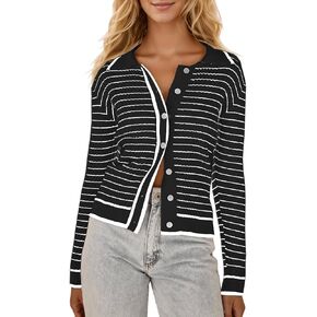 Saodimallsu Womens Striped Cardigan Collared Button Down Long Sleeve Open Front Ribbed Fitted Sweaters