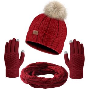 Passionbility Winter Beanie Hat Circle Scarf Touchscreen Gloves Set, Snow Knit Skull Cap, Warm Thick Fleece Lined Neck Warmer