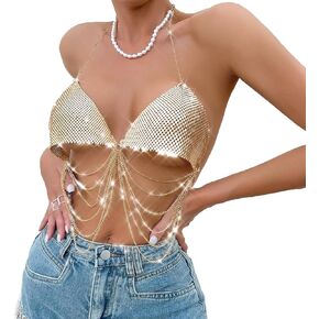 PURFUN Sparkly Metal Sequins Crop Top Women Sexy Half Cover Halter Bra with Tassel Chains, Raves Beach Bikini Top Cover Up