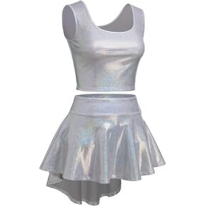 ABAFIP Women Rave Outfits Shiny Crop Top High Low Skirt with Shorts 3 piece Music Festival Clothes set
