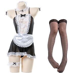 Ximimark 1pc Sexy Naughty Maid Role-Play Costume with Contrast Lace Split Slip Babydoll and Thong - Women's Lingerie and Underwear Set Black