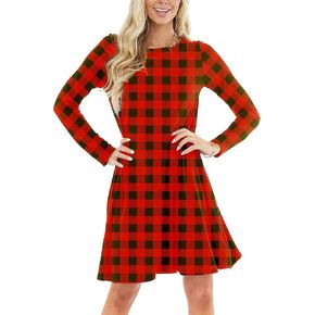 Christmas Women Red Plaid Dress Holiday Winter Party Tunic Dresses XL
