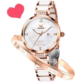 OLEVS Women's Watch Ceramic Strap Luxury Diamond Elegant Waterproof Luminous Date Quartz Formal Bracelet Set