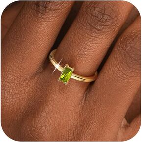 Gold Birthstone Rings for Women Non Tarnish 14K Gold Plated Stackable Ring Dainty CZ Olive Green Baguette Gemstone Rings for Mom Wife Jewelry Gift for Birthday Engagement Wedding