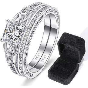 Vintage Princess Cut Wedding Rings for Women Sets Celtic Knot Women Bridal Sets 925 Sterling Silver Stackable Engagement Bands Rings Cubic Zirconia Rings Size 9-Velvet Ring Boxes-5x5x6cm