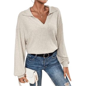 SweatyRocks Women's Collar Neck Tops Solid Long Sleeve Pullover Lightweight Rib-Knit Polos Sweatshirt