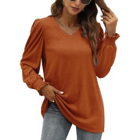 XIEERDUO Womens Long Sleeve Tops V Neck 2024 Fall Ruffle Puff Sleeve Cute Tunic shirts Dressy