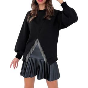 Women Sparkly Glitter Fringe Tops Y2K Casual Long Sleeve Oversized Crewneck Sweatshirts Pullover Tops