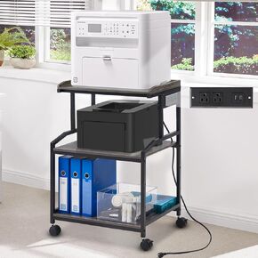 Lauren&Harold 3-tier Printer Stand with Storage Printer Table with Charging Station and USB Ports, Rolling Printer Cart with Adjustable Shelf, Large Printer Stand with Wheels for Home Office